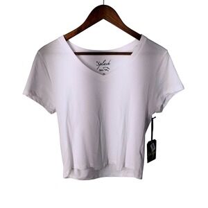Splash White V-Neck Baby Tee Cropped Short Sleeve Shirt XL‎ NEW 3327-120